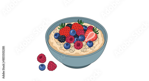A healthy and delicious bowl of oatmeal porridge topped with fresh berries like strawberries, blueberries, raspberries, and blackberries.