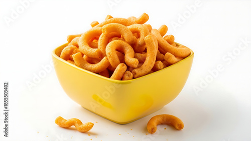 ​A vibrant yellow bowl filled with crunchy orange cheese snacks isolated against a clean white studio background.