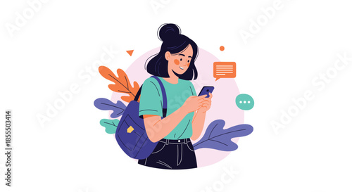 A happy young woman with a shoulder bag smiles as she texts on her smartphone, surrounded by colorful abstract leaves.