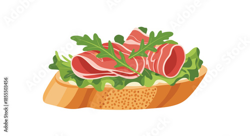 A delicious and savory bruschetta or open-faced sandwich with prosciutto, cream cheese, and fresh arugula on a toasted baguette.