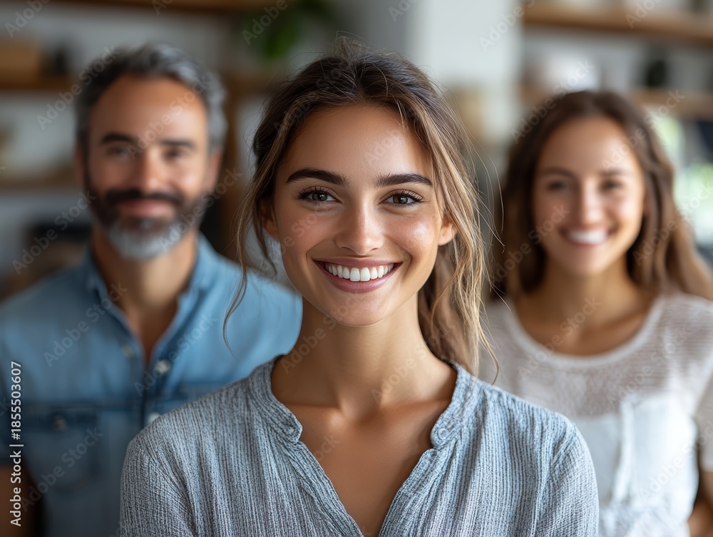 Fototapeta premium Smiling diverse group of three friends, two women and one man, standing together in a bright, modern office or co-working space.