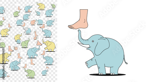 Cartoon elephant with a foot above its trunk surrounded by smaller elephants.