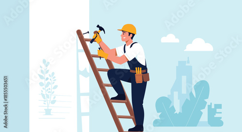 A smiling male construction worker in a hard hat and tool belt stands on a ladder, hammering a nail into a wall.