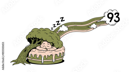Cartoon man sleeping on a tree stump with snoring and temperature display.