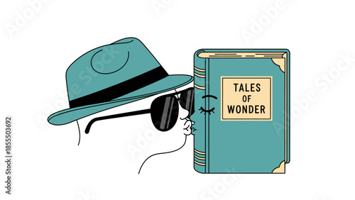 A cartoon man wearing sunglasses and a hat reading a book titled Tales of Wonder.