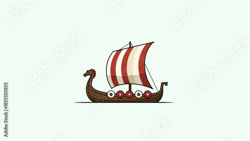 Viking longship illustration Scandinavian drakkar with striped sail historical vector art for mariti