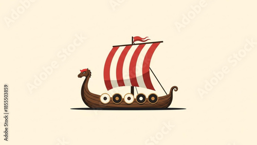 Viking longship with red and white striped sail historical Scandinavian boat illustration for advent