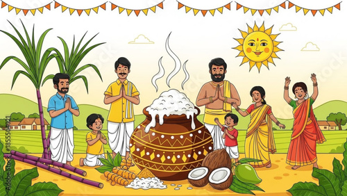 Indian family celebrating Pongal festival with sugarcane rice pot and sun traditional harvest celebr