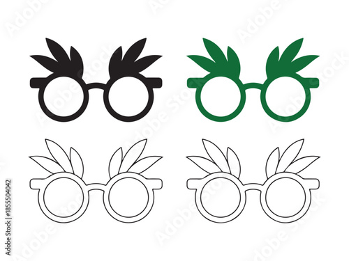 Four pairs of round glasses with leaf accents black green and outline spectacles