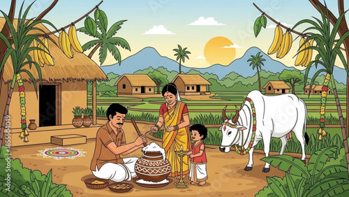 Indian family celebrating Pongal festival preparing traditional food with sugarcane and bull rural v