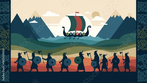 Viking warriors with shields and axes sailing ship on the sea historical illustration for concept de