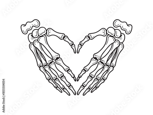 Skeletal hands forming a heart shape with black outline on white skeleton hands heart shape