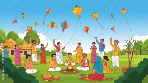 Indian festival celebration with kite flying people in traditional attire around a bonfire outdoor r
