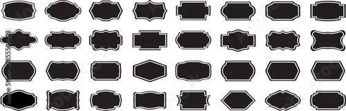 Black and white decorative label silhouettes, vintage frame shapes, retro outline badge, ornate geometric borders, empty tag design graphics, shield elegant royal crest emblem, retro sticker.