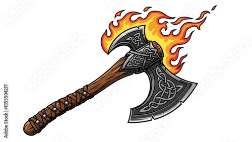 Flaming Viking axe with Celtic knot design fantasy weapon illustration for game art and concept desi