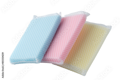 透明背景（png）にカラフルな食器洗い用のネットスポンジ