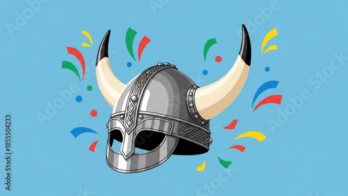 Viking helmet with horns and confetti medieval warrior symbol isolated on blue background