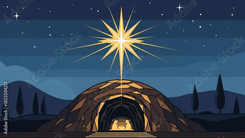 Nativity scene with the Star of Bethlehem shining over a cave entrance representing Christmas and fa