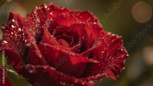 Close-Up of a Vibrant Red Rose, Its Velvety Petals Lavishly Adorned with Sparkling Morning Dewdrops