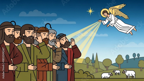 Angel appearing to shepherds biblical scene with starry sky and sheep illustration for Christmas sto