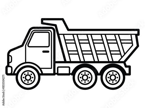 Simple black and white illustration of a dump truck with visible wheels and bed