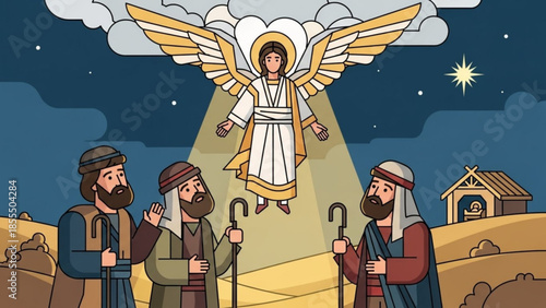 Angel appearing to shepherds Christmas nativity scene religious illustration for holiday greetings