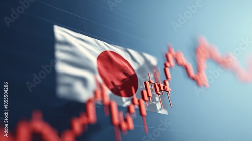 Japanese Flag Against Background of Financial Graphs Illustrating Market Fluctuations and Economic Changes