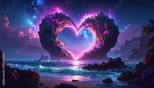Romantic heart shaped rock formation on a surreal seascape with starry skies
