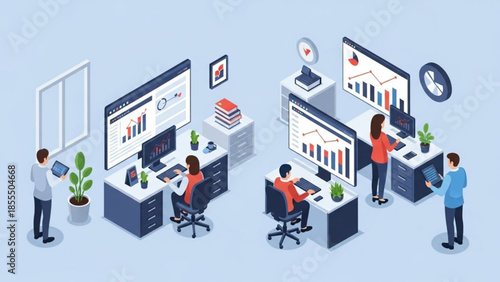 Business professionals analyzing financial data on multiple screens in a modern office environment from an overhead viewpoint