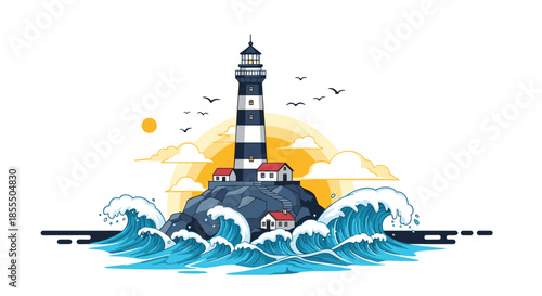 A picturesque lighthouse stands on a rocky island amidst crashing ocean waves, with a bright sun and seagulls in the sky.