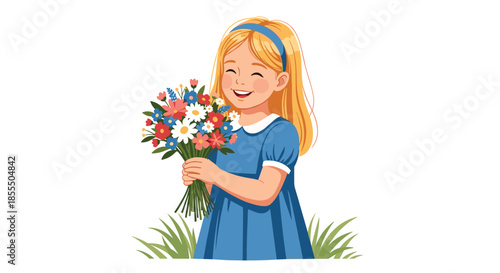 A sweet and happy little girl with blonde hair and a blue dress is smiling while holding a large bouquet of wildflowers.