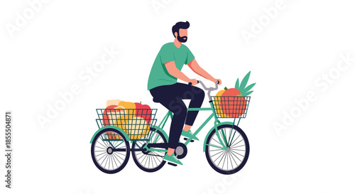 A man with a beard happily rides a three-wheeled cargo bike with baskets full of fresh fruits and vegetables.