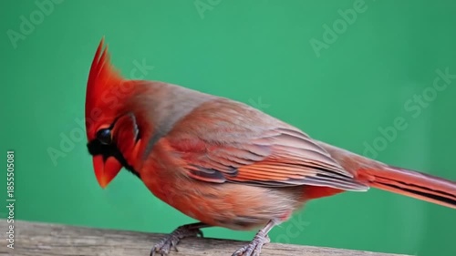 Wallpaper Mural Vibrant cardinal bird perched on wooden railing with dynamic green background Torontodigital.ca