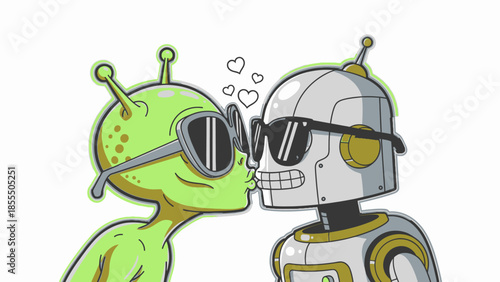 Cartoon Alien Robot Couple Wearing Sunglasses and Sharing a Romantic Moment.