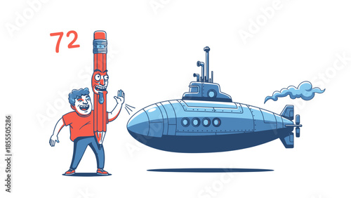 Cartoon man holding a large red tube next to a submarine.
