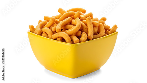 A vibrant yellow bowl filled with crunchy orange cheese snacks isolated against a clean white studio background.