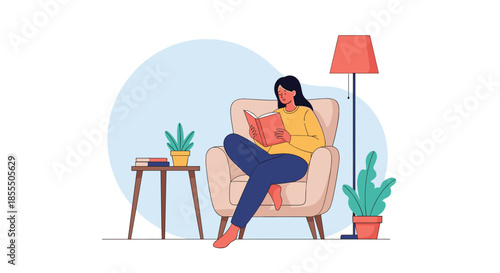 A vector illustration of a young woman peacefully reading a book in a comfortable armchair, creating a cozy and relaxing scene at home with plants.