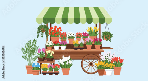 A vibrant and charming illustration of a flower market stall on a wooden cart, overflowing with a variety of colorful potted flowers under a striped awning.