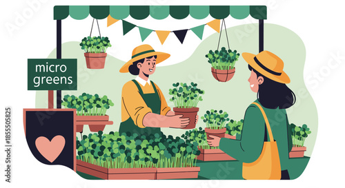 Illustration of a farmers market scene with a smiling vendor selling fresh potted microgreens to a customer, highlighting local and healthy eating.