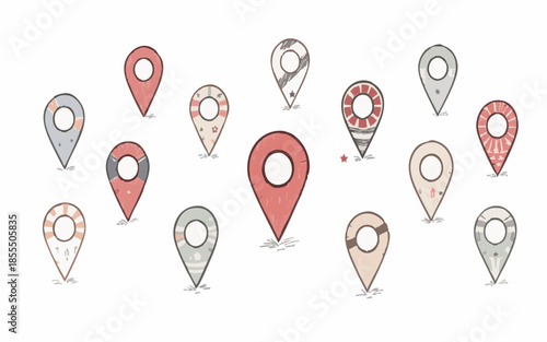 Hand-Drawn Textured Location Map Pins CollectionPrint
