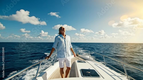 Mature Man Enjoying Ocean View on Yacht Deck Under Sunny Sky