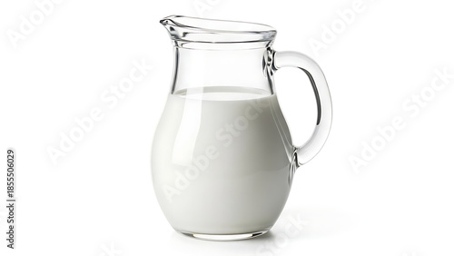 A classic glass pitcher filled with fresh cold milk stands alone against a clean and bright white background.