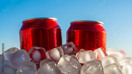 Main Subject: Two vibrant red aluminum soda cans nestled in a bed of ice.