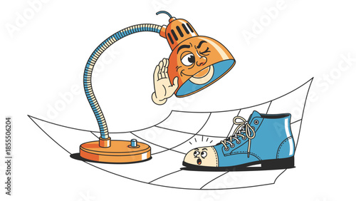 A cartoon lamp and shoe on crumpled paper.