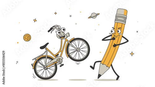 A cartoon pencil character racing a bicycle with a skeleton rider.