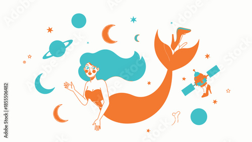 Mermaid surrounded by celestial bodies and stars in minimalist design.