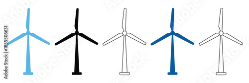 Wind turbine vector silhouettes with windmill icons and alternative energy symbols, in clean editable stroke style, for renewable power illustration, sustainable energy projects, and digital design