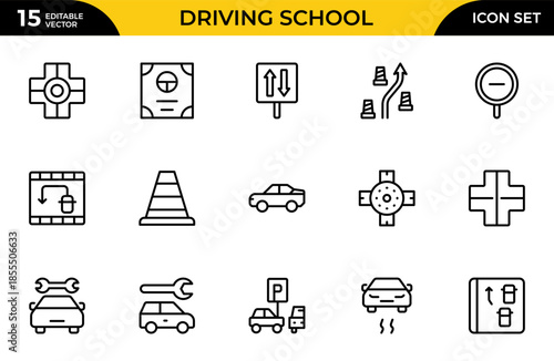 Driving School  web icons in line style Cars, Traffic, Education, and Transportation. Thin outline icons pack. Vector illustration