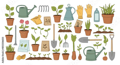 A big set of doodle-style vector illustrations featuring various gardening tools and plant care items like watering cans, shovels, pots, and seedlings.