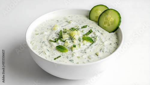 Fresh Mediterranean Tzatziki dip in a white bowl garnished with diced cucumbers, green mint, dill, and olive oil.